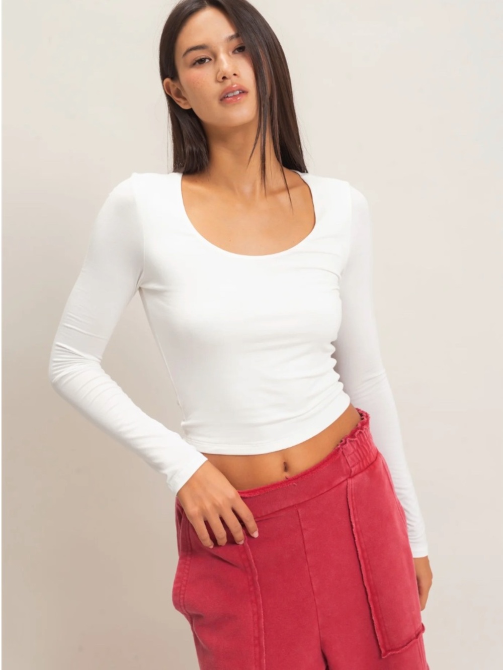 NEW 🤍 Double Zero Off White Scoop Neck Long Sleeve Top – Small